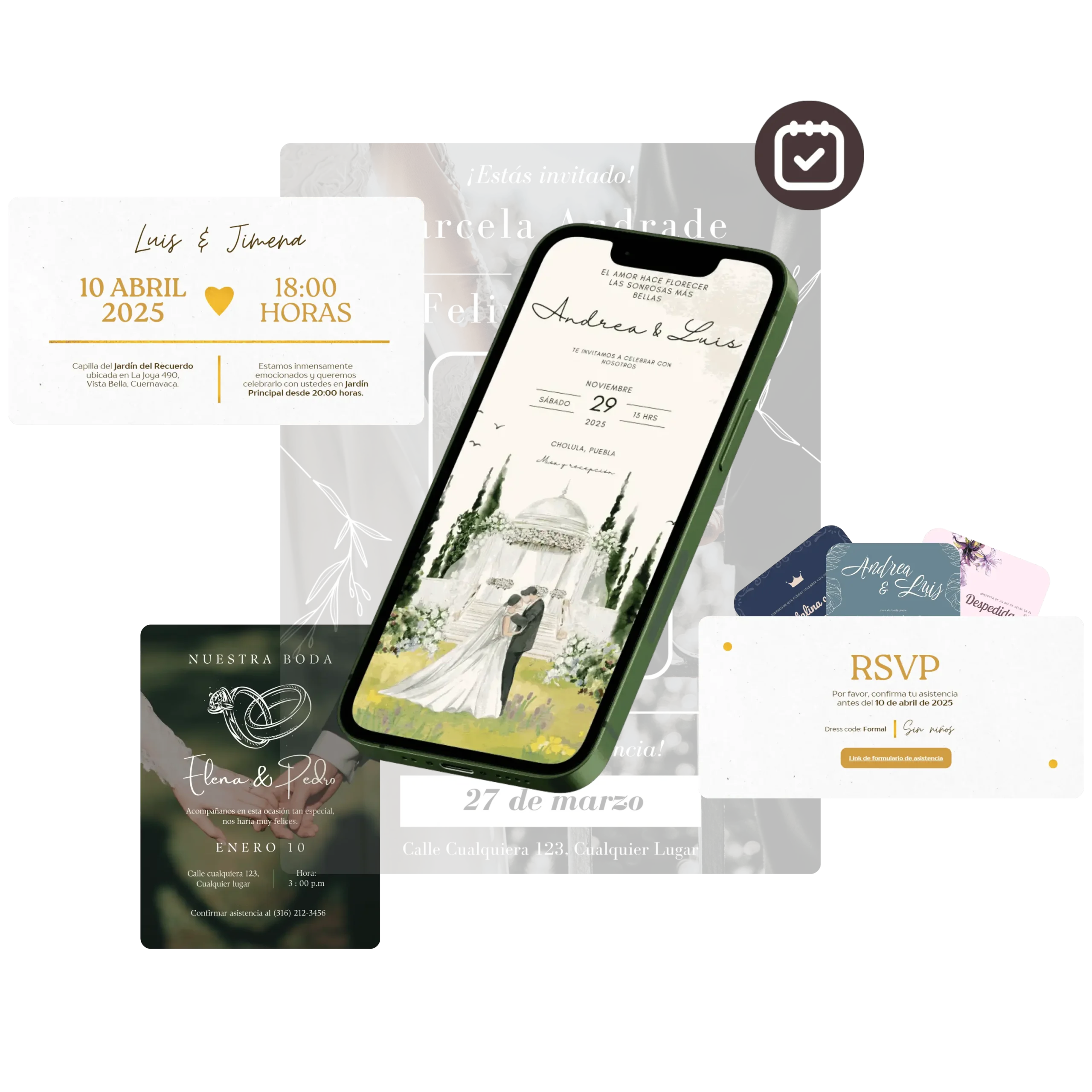 Invitación digital Evenly con botones de mapa, detalles y RSVP